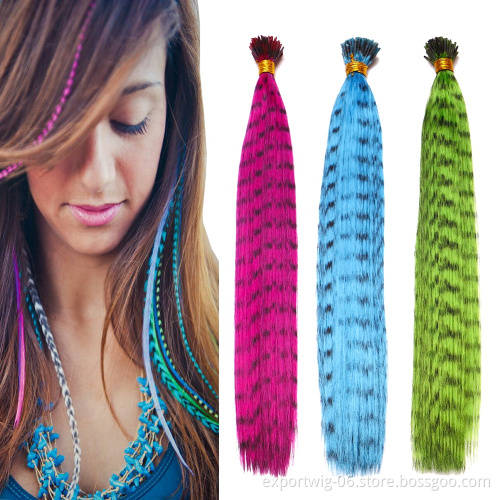 pre-bonded rainbow color clip hair i-tip grizzly rooster feathers for straight synthetic hair accessories extensions wholesale